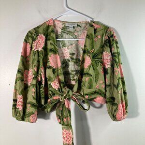 Womens Aguabendita Linen Wrap Tropical Floral Crop Top Puff Sleeve L‎ Green Pink